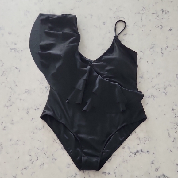 Black One-Shoulder Ruffle Swimsuit - Picture 1 of 14